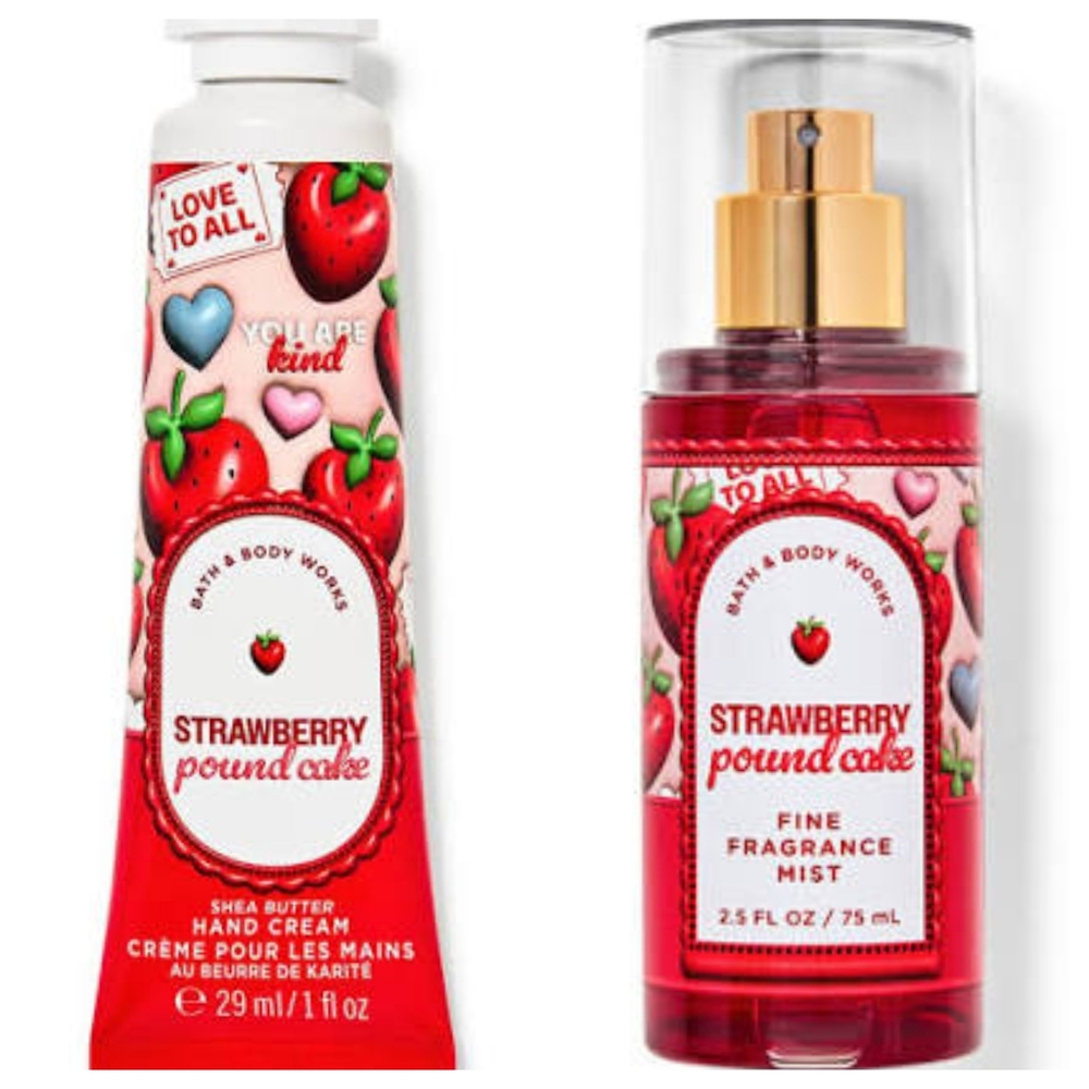 Bath & Body Works 🍓 Strawberry Pound Cake Hand Cream & Travel Size Mist Set